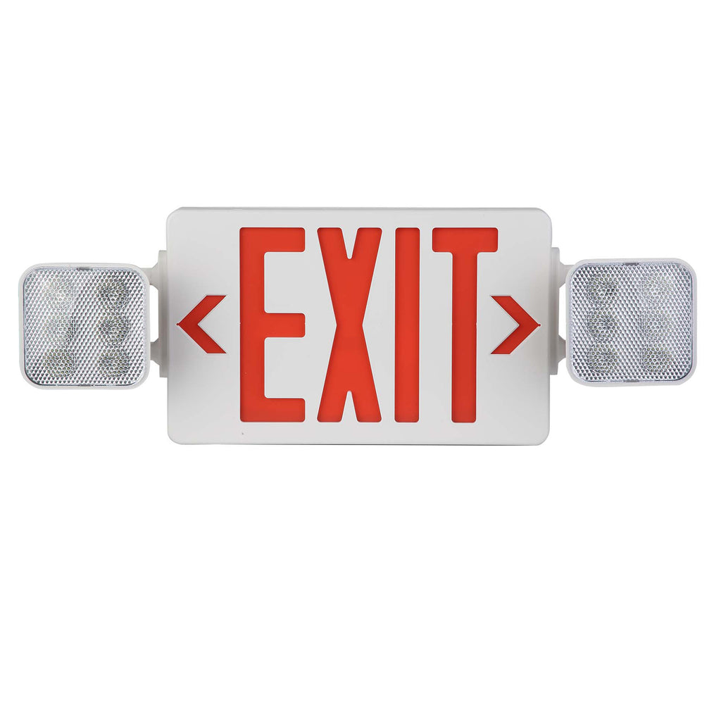 Red Combo LED Emergency Exit Sign-Battery Backup-Adjustable Light Heads-Single or Double Face